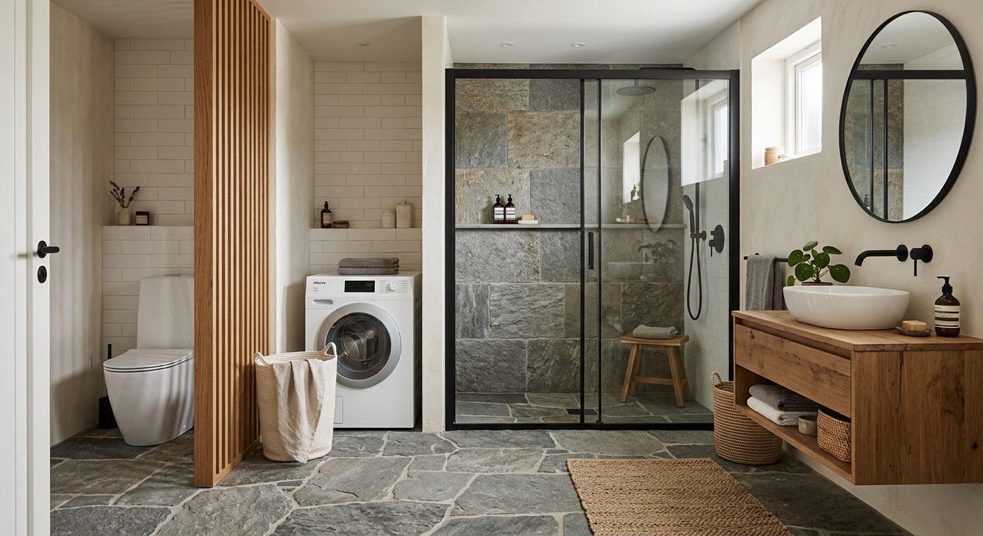 Dream master bathroom with heated floors and towel warmer - AI concept