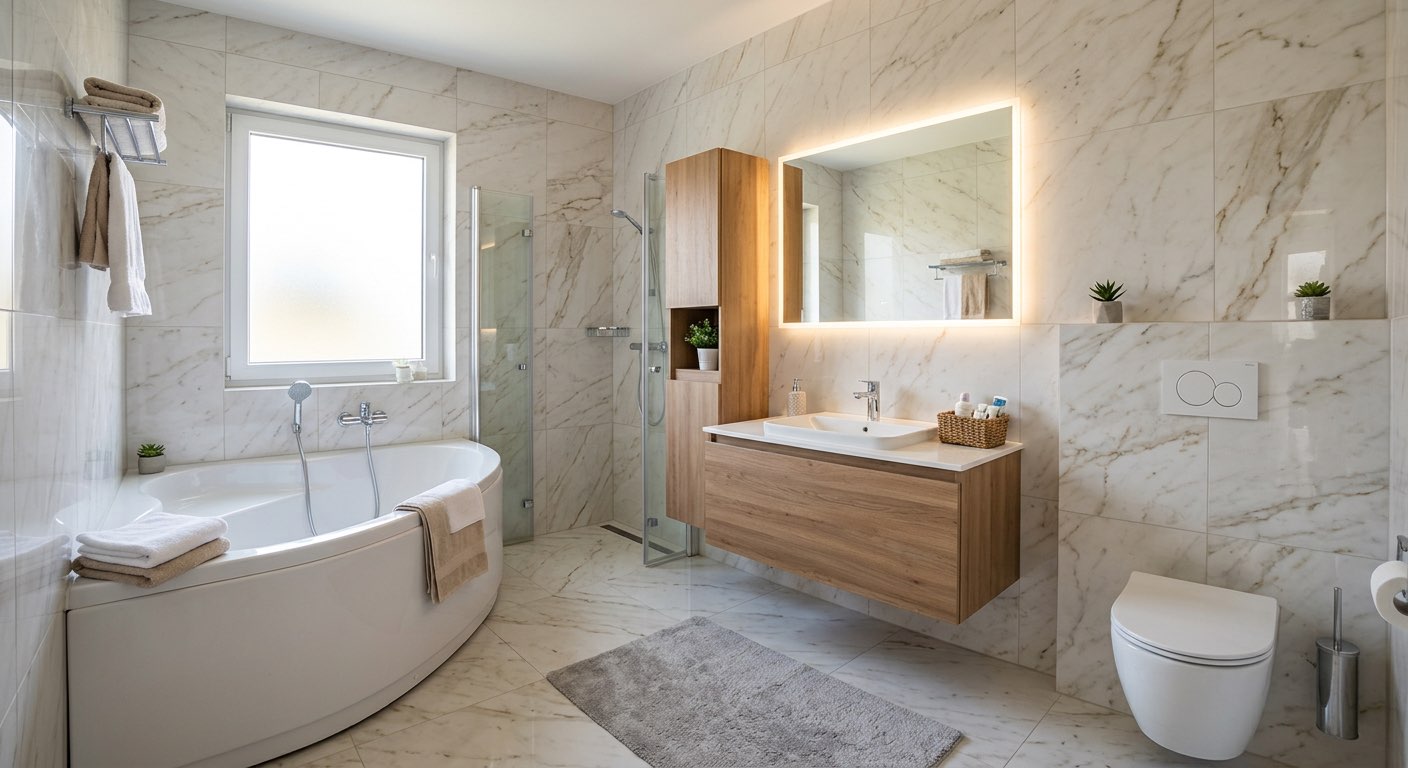 Luxury spa bathroom concept with rainfall shower - AI generated