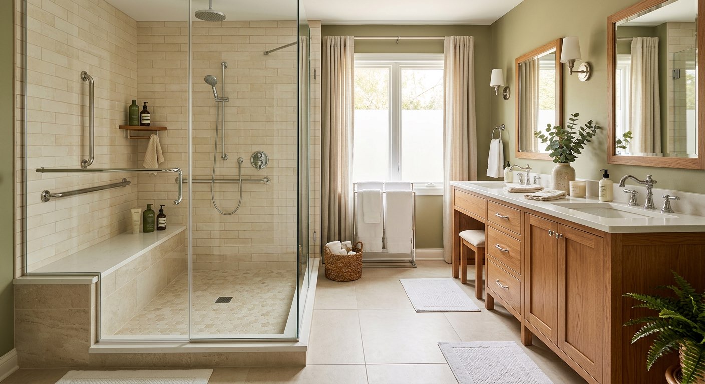 AI-generated dream bathroom with floor-to-ceiling windows and garden view