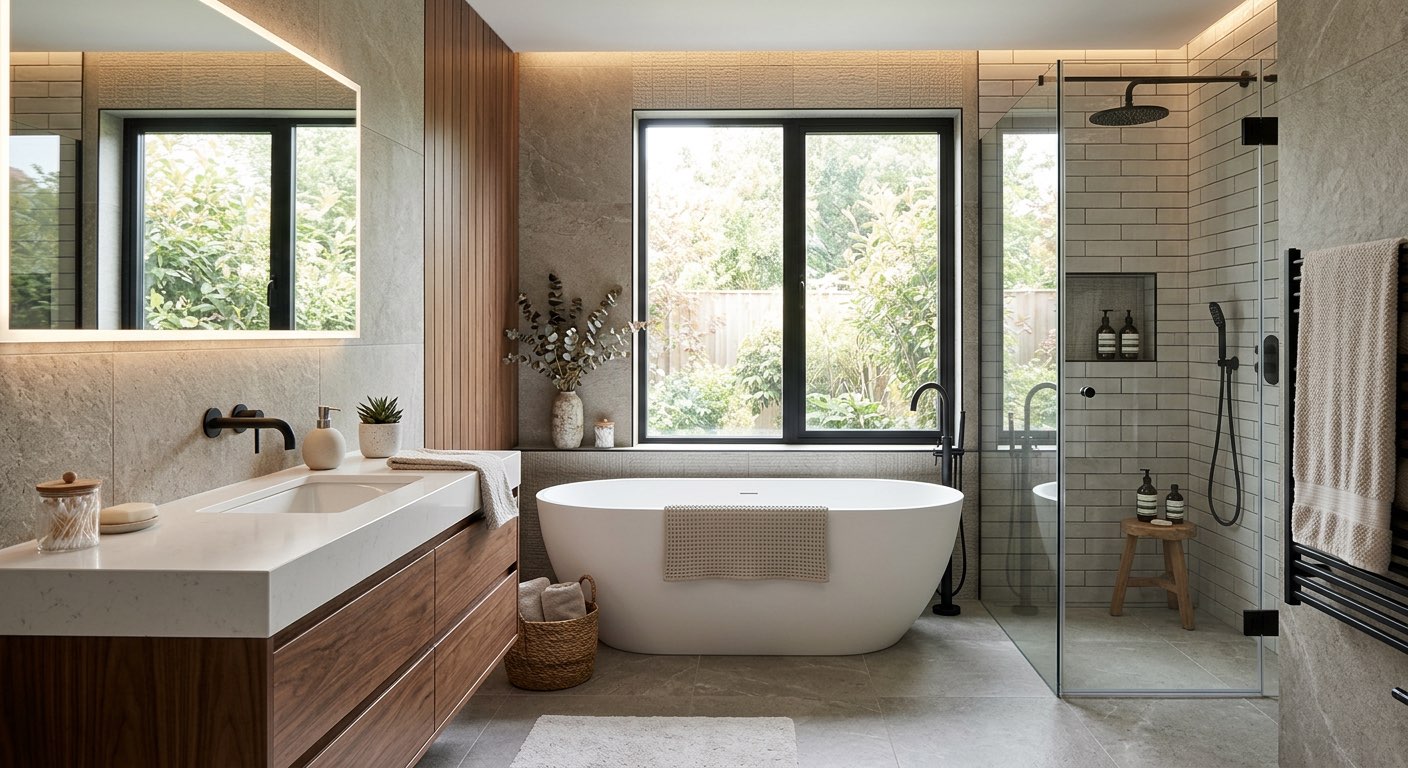 Resort-style bathroom concept with natural stone and greenery