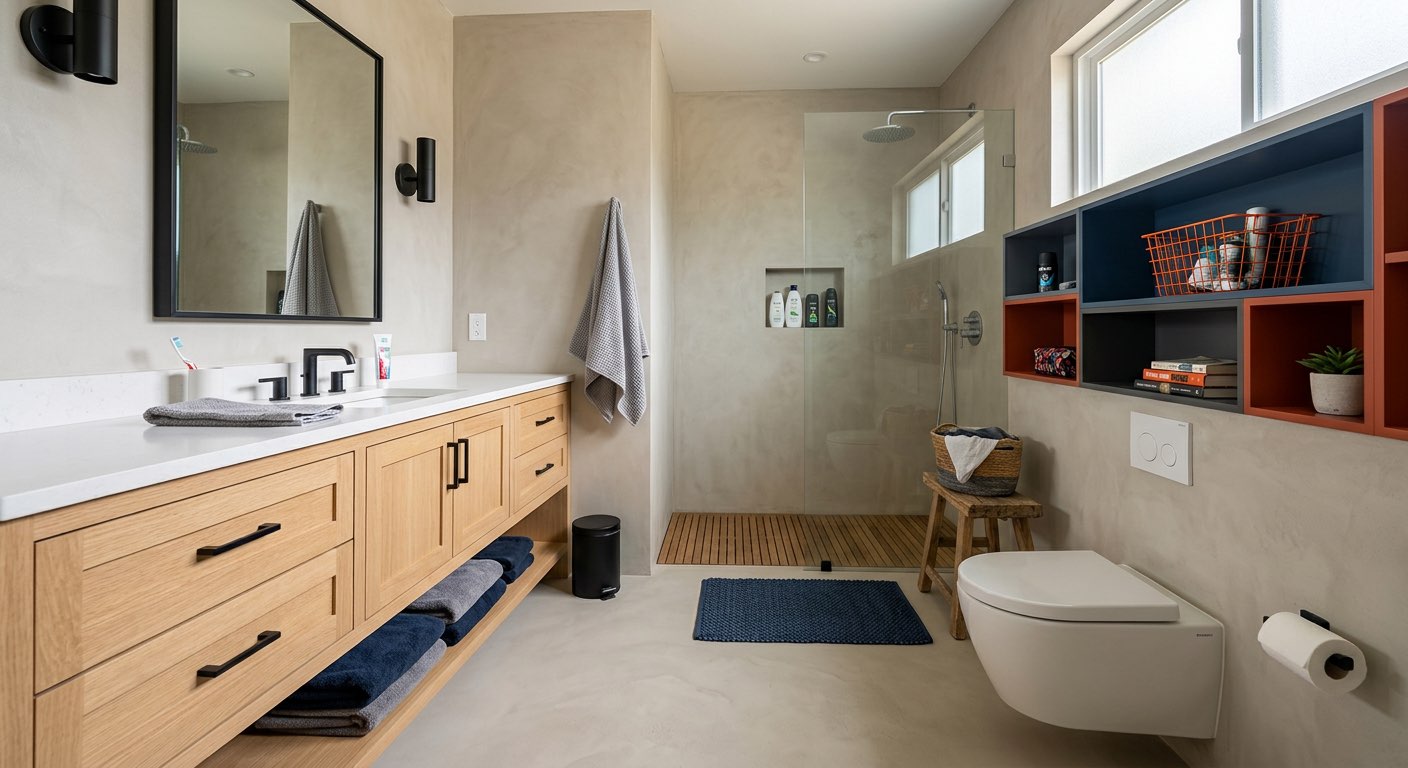 Grand bathroom design idea with chandelier and double vanity