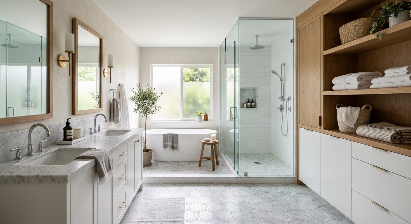 Tropical dream bathroom with open-air shower and teak accents
