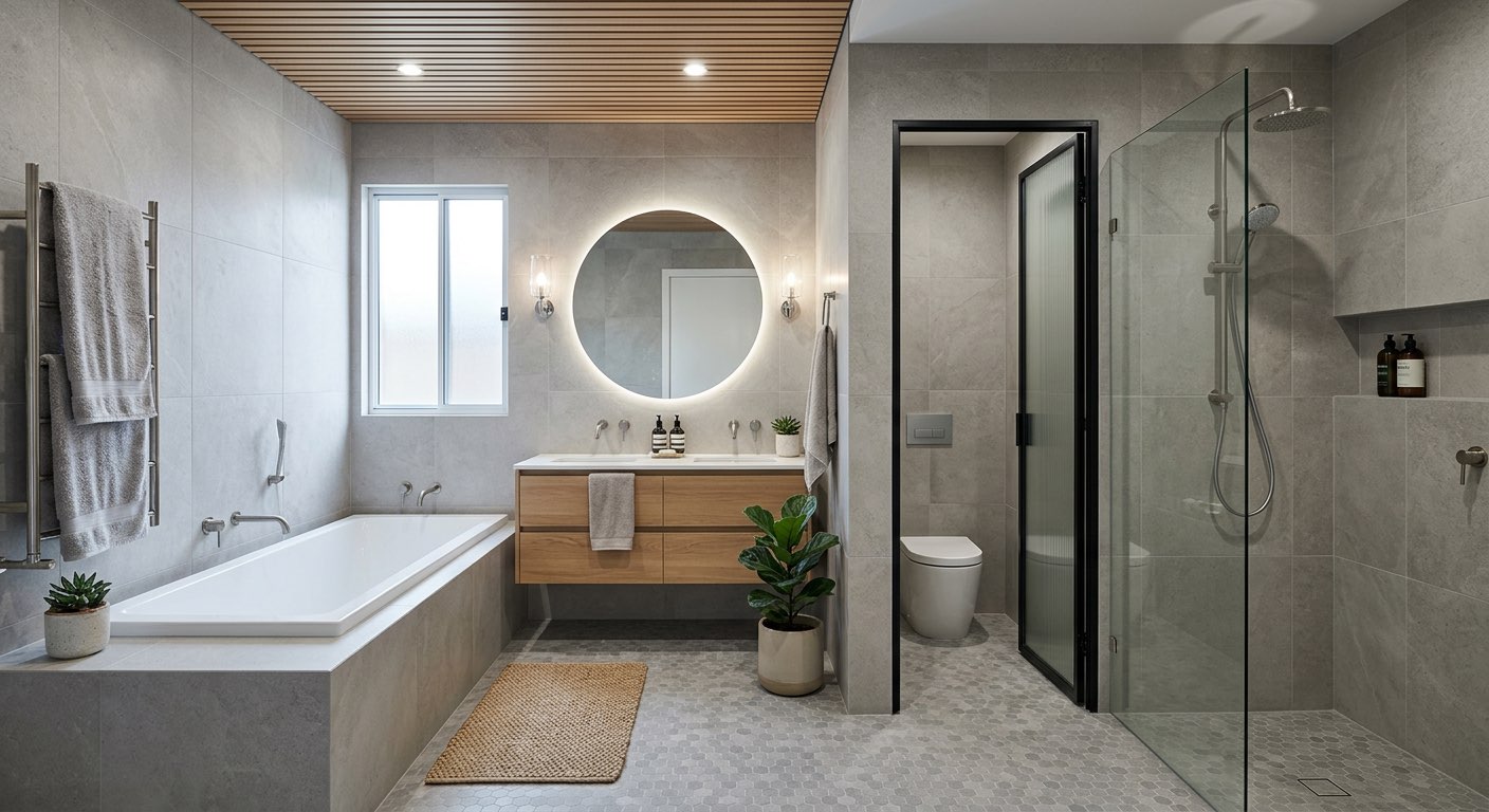 Modern dream bathroom with backlit mirror and integrated storage - AI