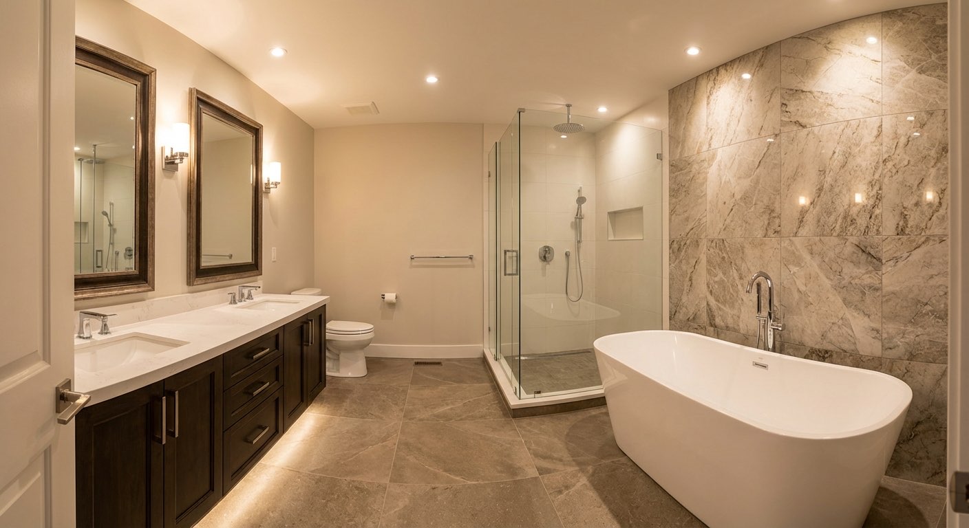 Industrial dream bathroom design with exposed brick and matte black hardware