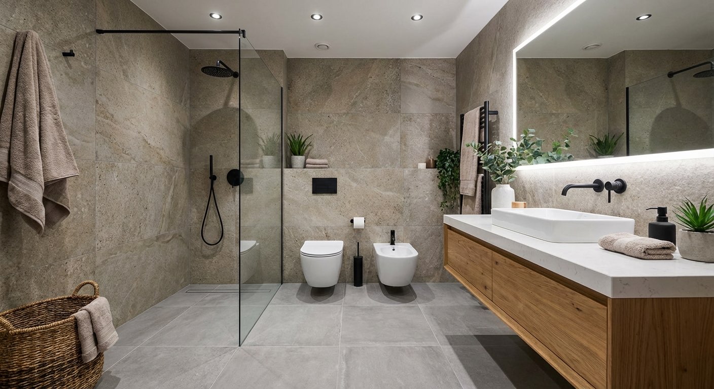 Coastal dream bathroom idea with ocean-blue tile and driftwood vanity