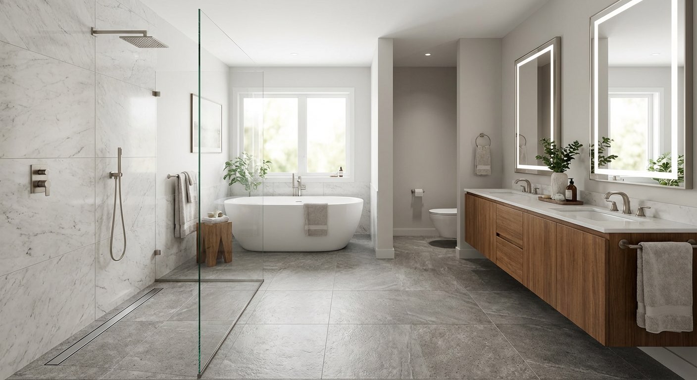 Zen-inspired dream bathroom with pebble floor and bamboo details - AI generated