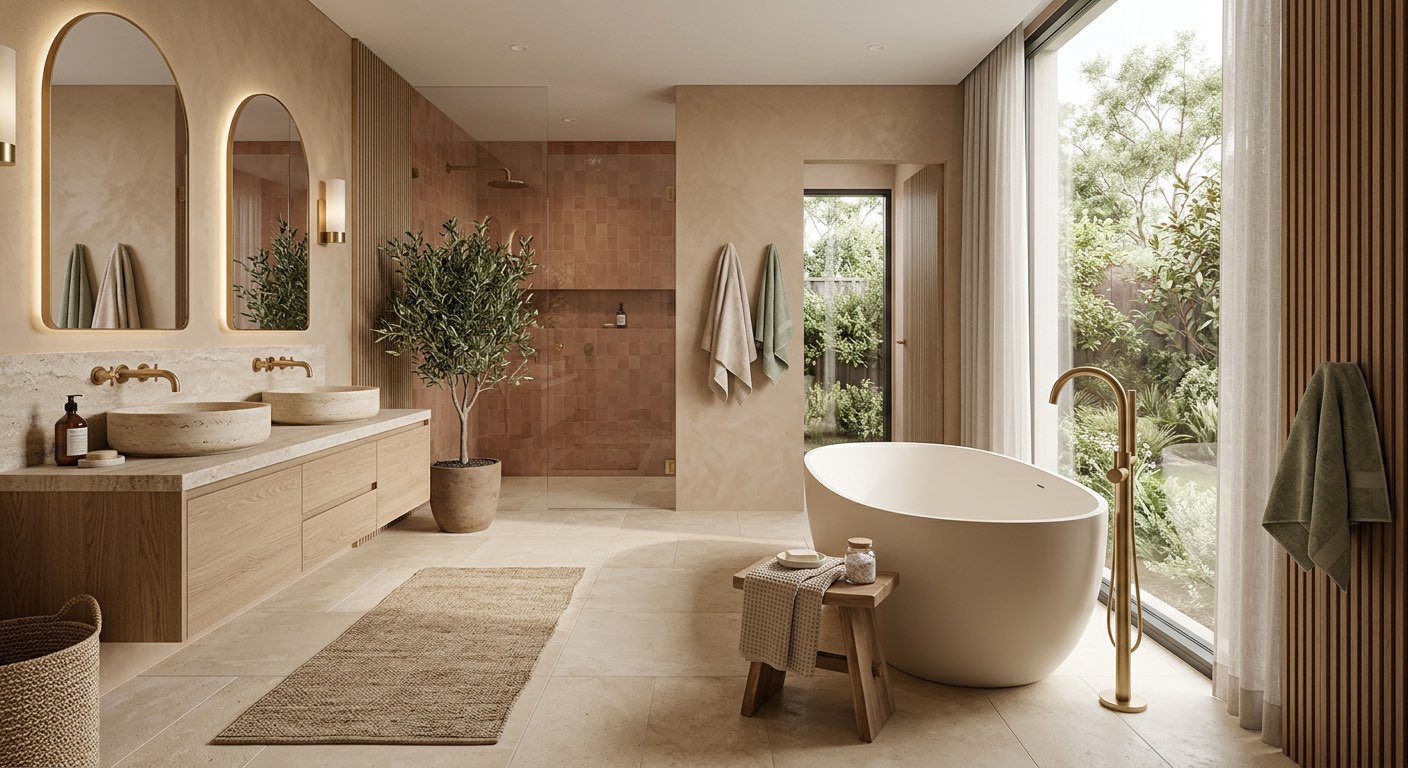 Dream master bathroom with heated floors and towel warmer - AI concept