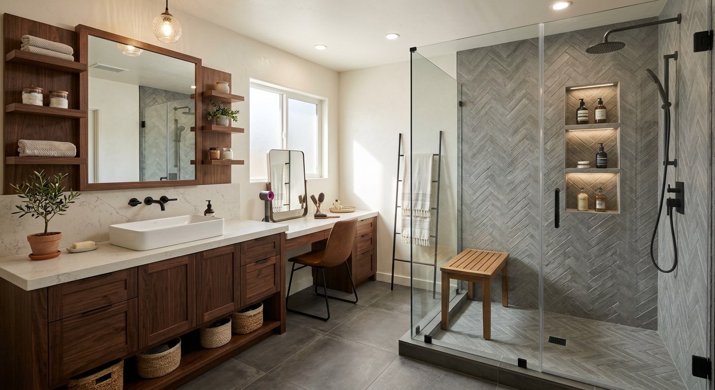 Dream bathroom design with freestanding tub and marble walls