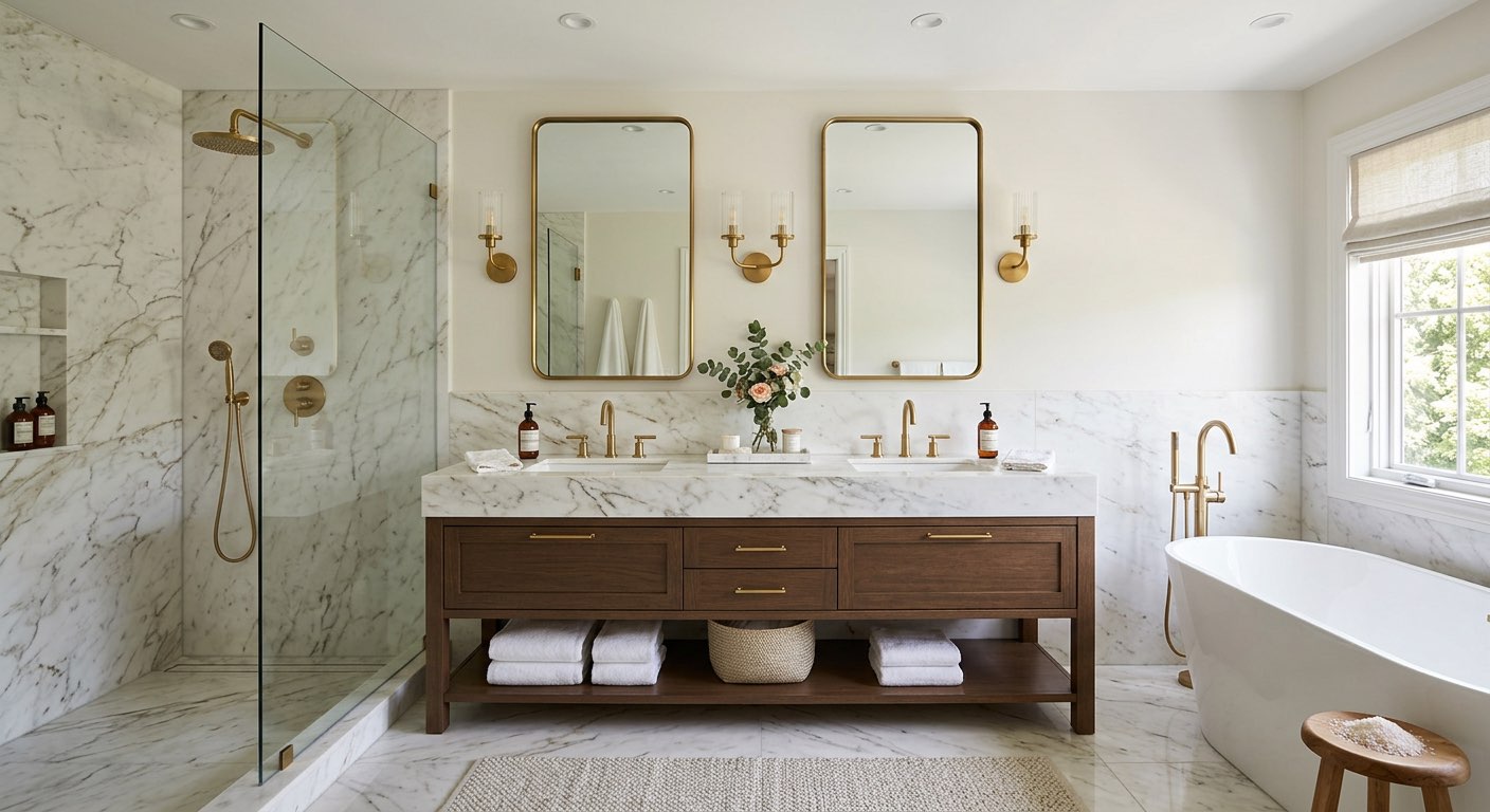 Minimalist bathroom design idea with floating vanity