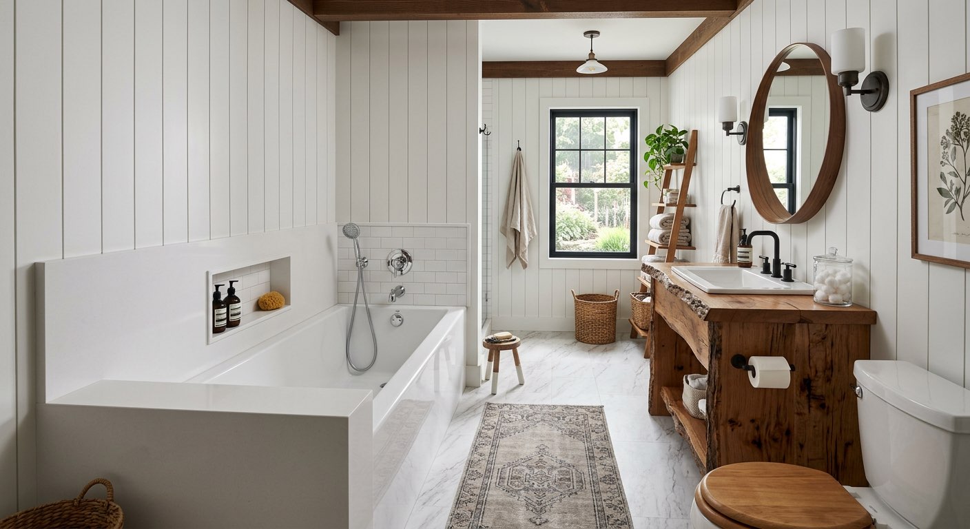 AI-generated dream bathroom with floor-to-ceiling windows and garden view