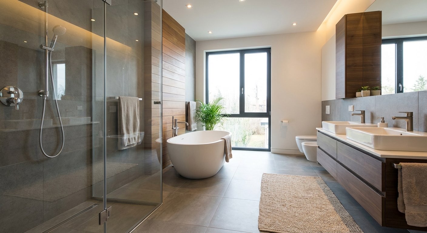 Resort-style bathroom concept with natural stone and greenery