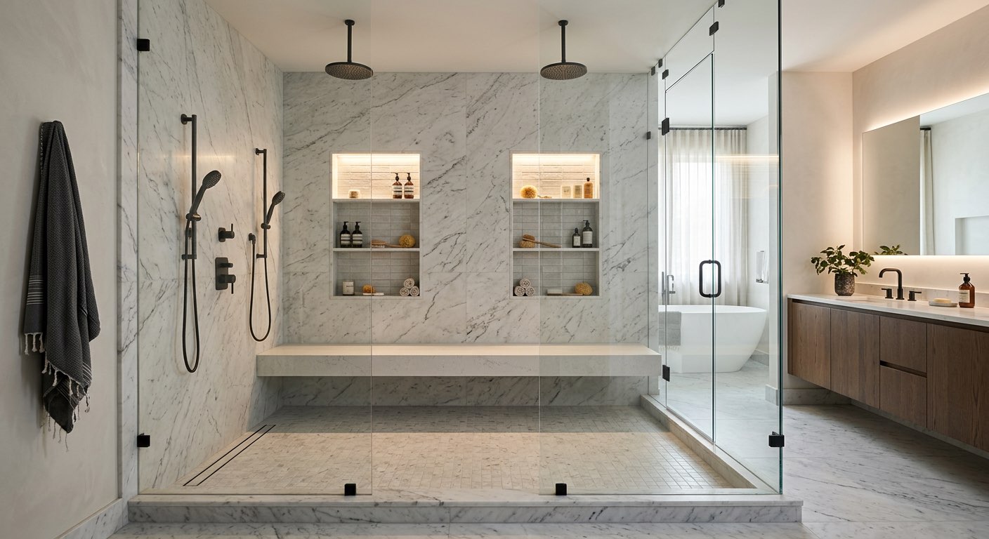 Grand bathroom design idea with chandelier and double vanity