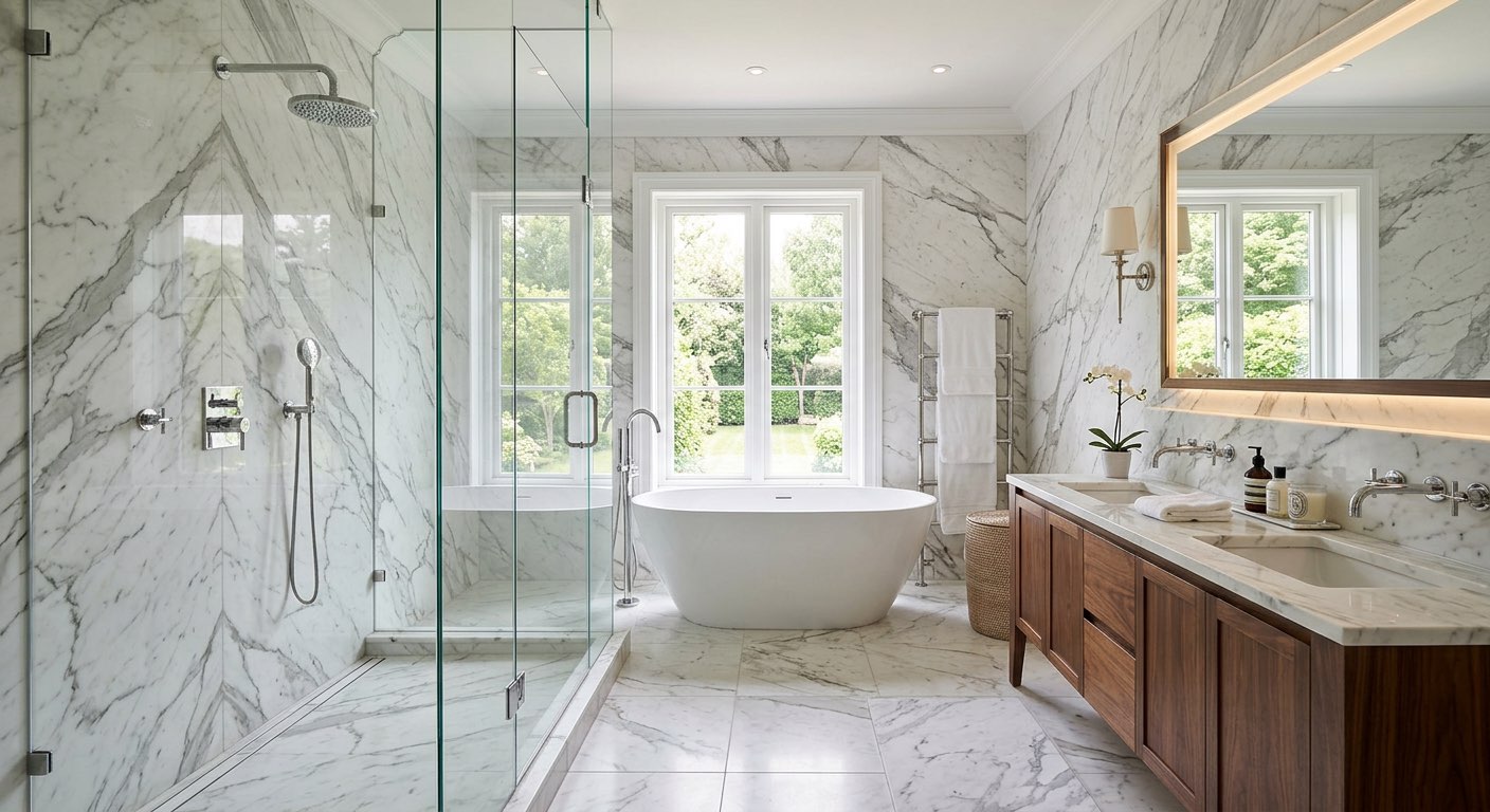 Modern dream bathroom with backlit mirror and integrated storage - AI