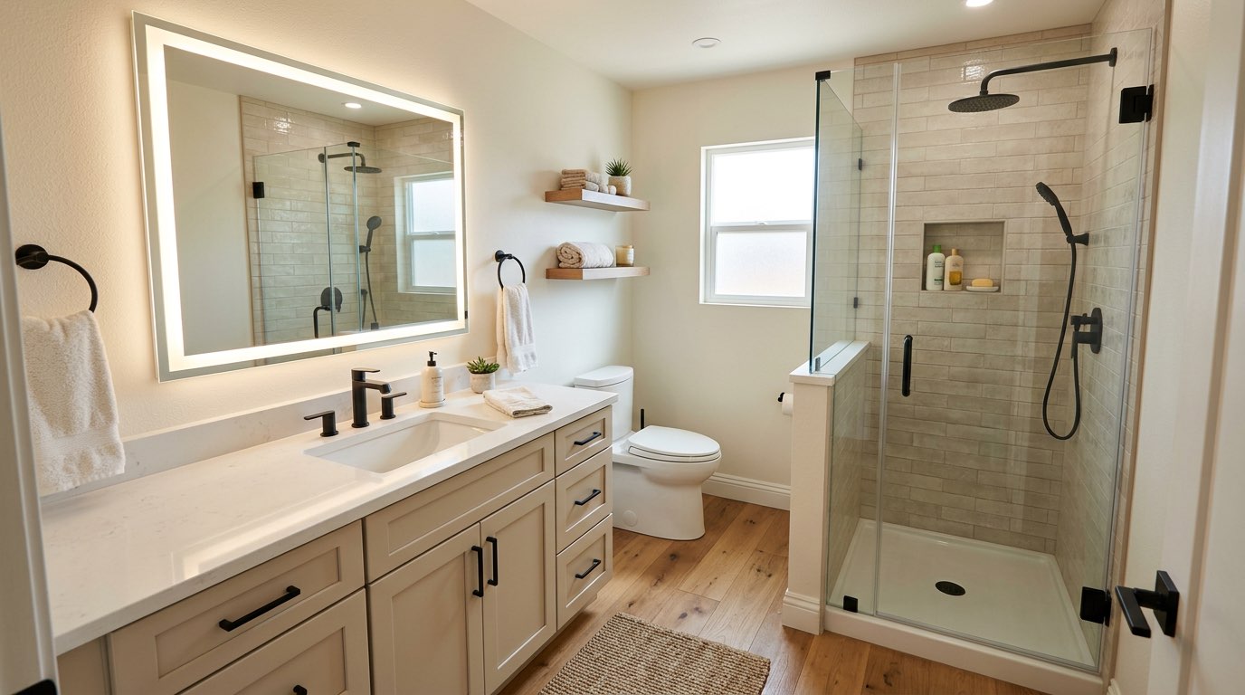 Industrial dream bathroom design with exposed brick and matte black hardware