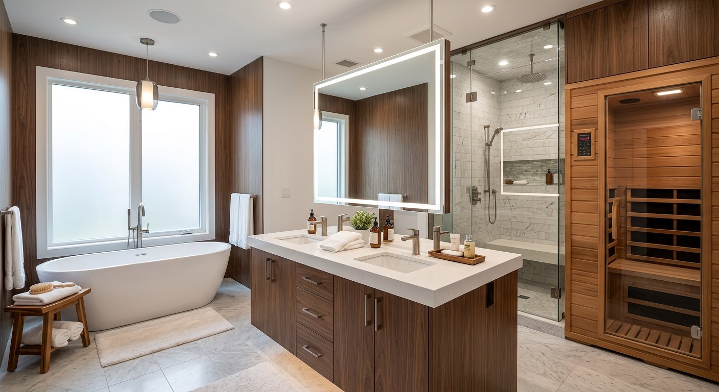 Coastal dream bathroom idea with ocean-blue tile and driftwood vanity