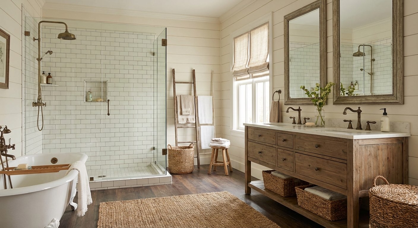 Zen-inspired dream bathroom with pebble floor and bamboo details - AI generated