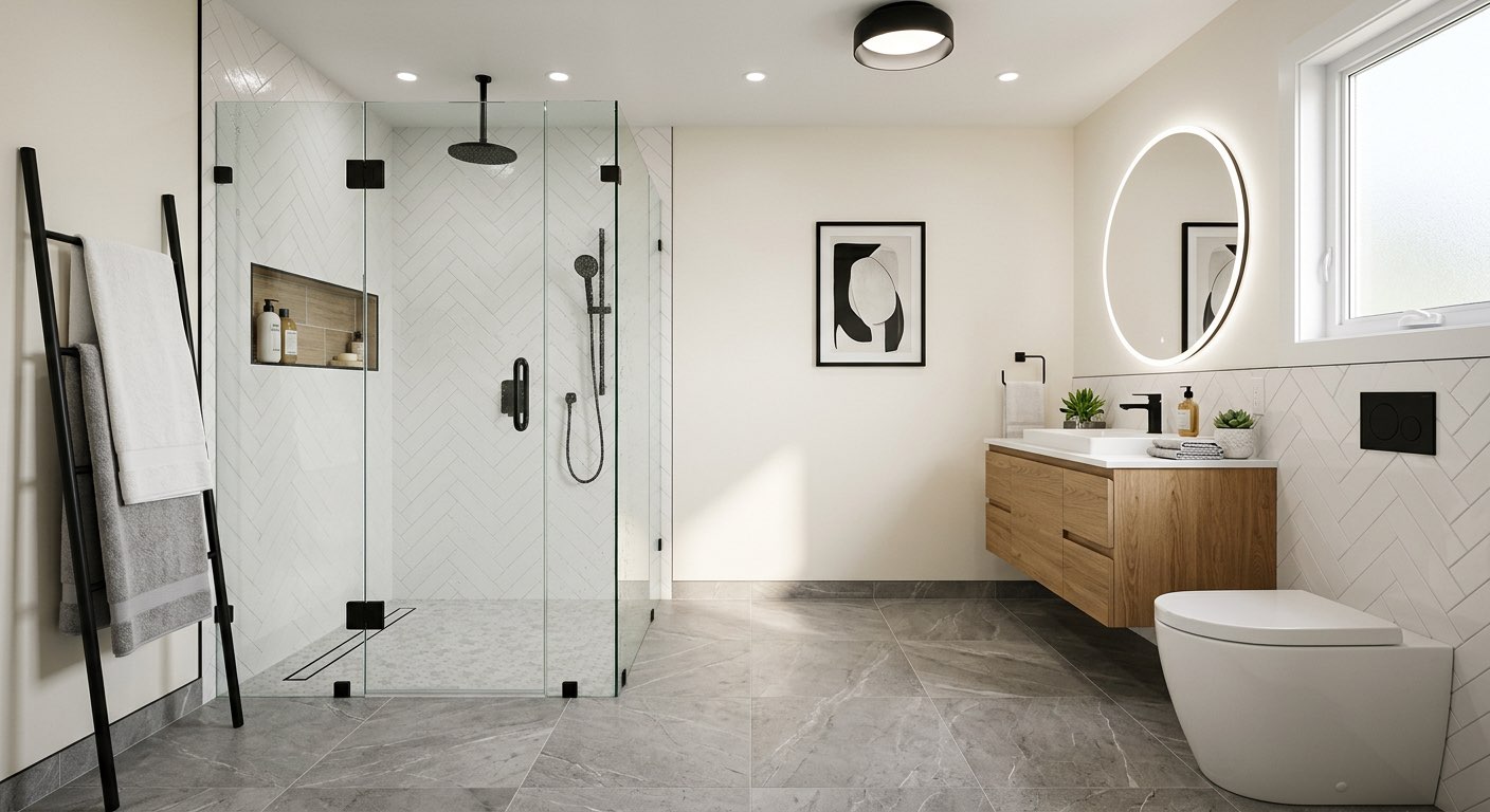 Dream master bathroom with heated floors and towel warmer - AI concept