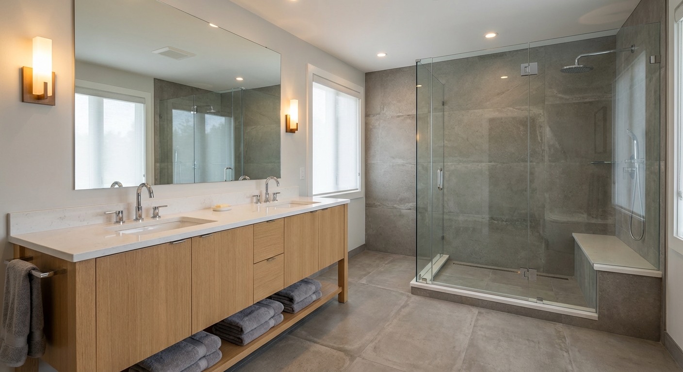 Dream bathroom design with freestanding tub and marble walls