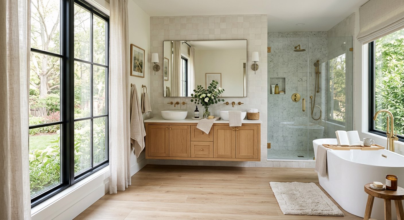 Luxury spa bathroom concept with rainfall shower - AI generated