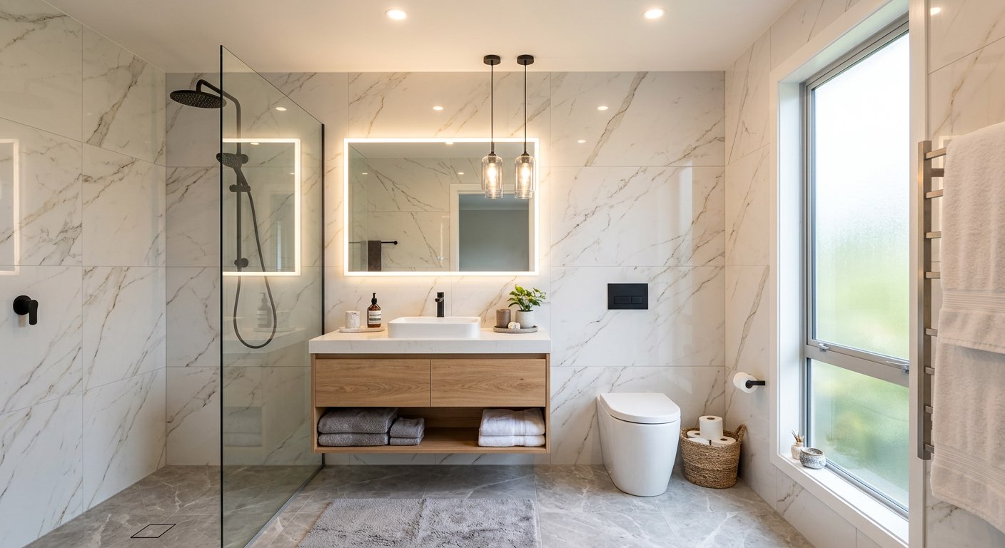 Minimalist bathroom design idea with floating vanity