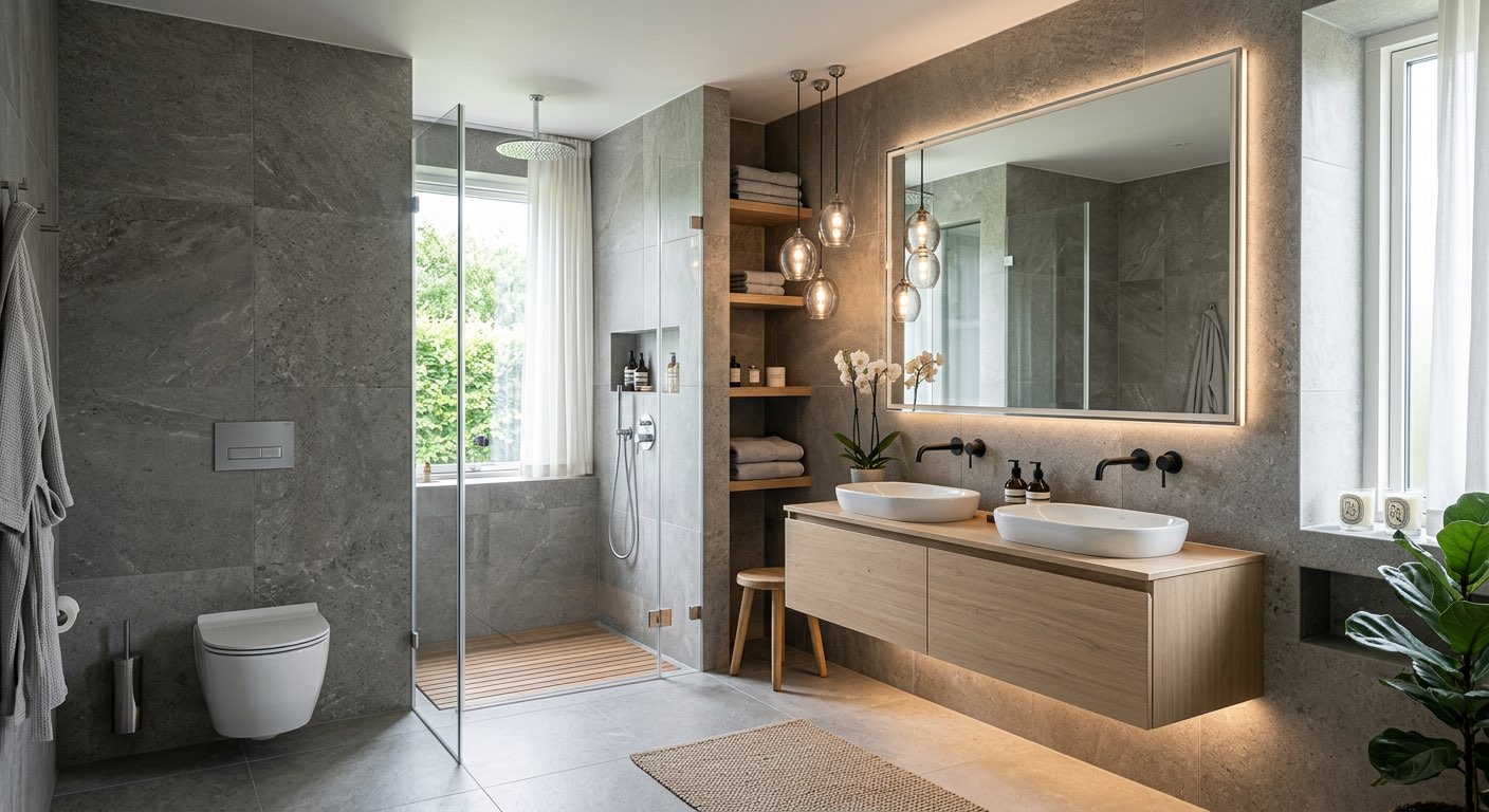 AI-generated dream bathroom with floor-to-ceiling windows and garden view