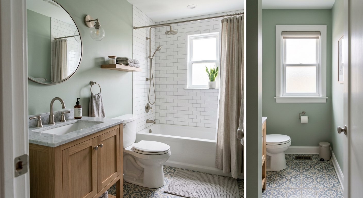 Resort-style bathroom concept with natural stone and greenery