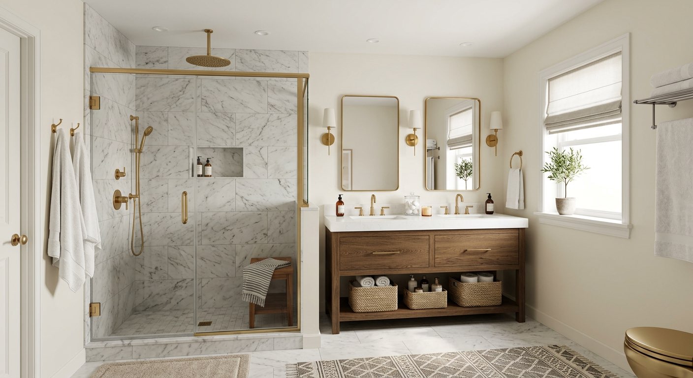 Grand bathroom design idea with chandelier and double vanity