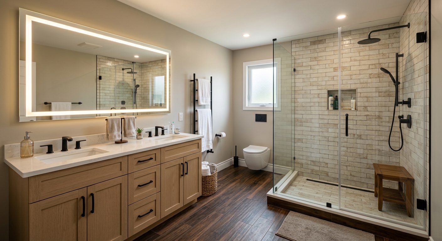 Modern dream bathroom with backlit mirror and integrated storage - AI