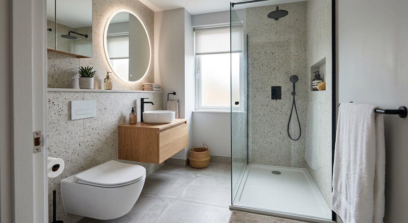 Industrial dream bathroom design with exposed brick and matte black hardware