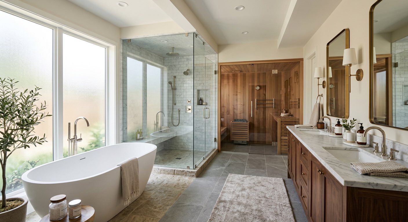 Coastal dream bathroom idea with ocean-blue tile and driftwood vanity