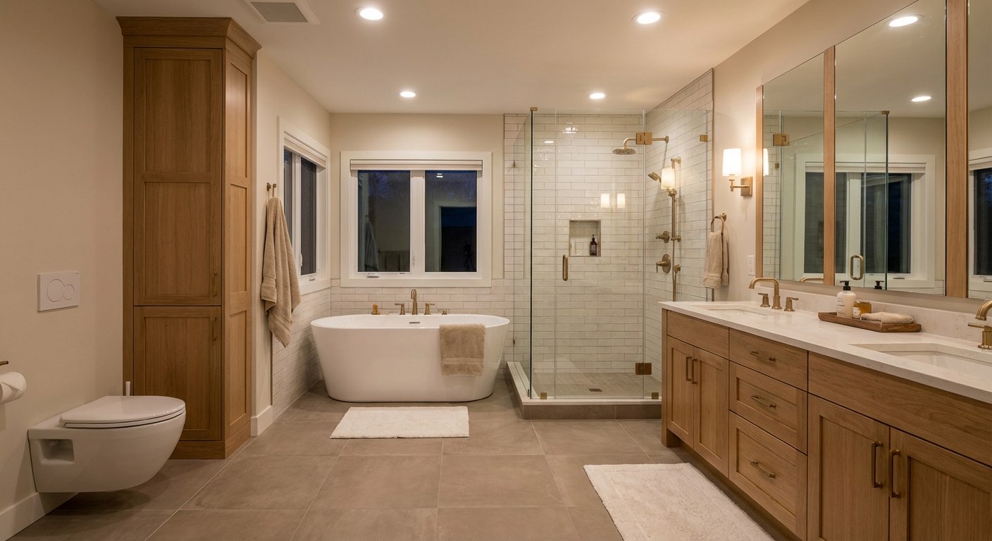 Dream master bathroom with heated floors and towel warmer - AI concept