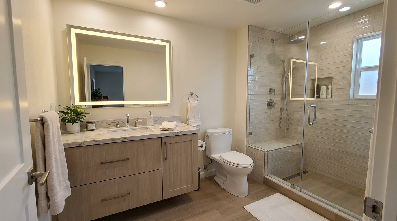 Dream bathroom design with freestanding tub and marble walls