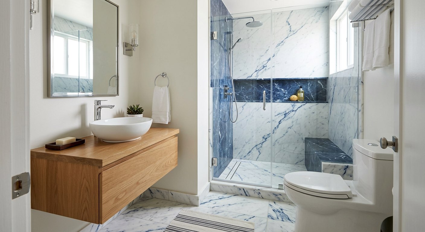 Luxury spa bathroom concept with rainfall shower - AI generated