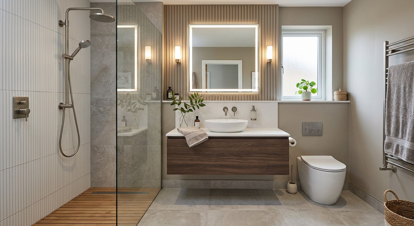 AI-generated dream bathroom with floor-to-ceiling windows and garden view