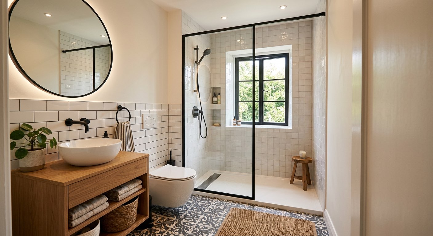 Resort-style bathroom concept with natural stone and greenery