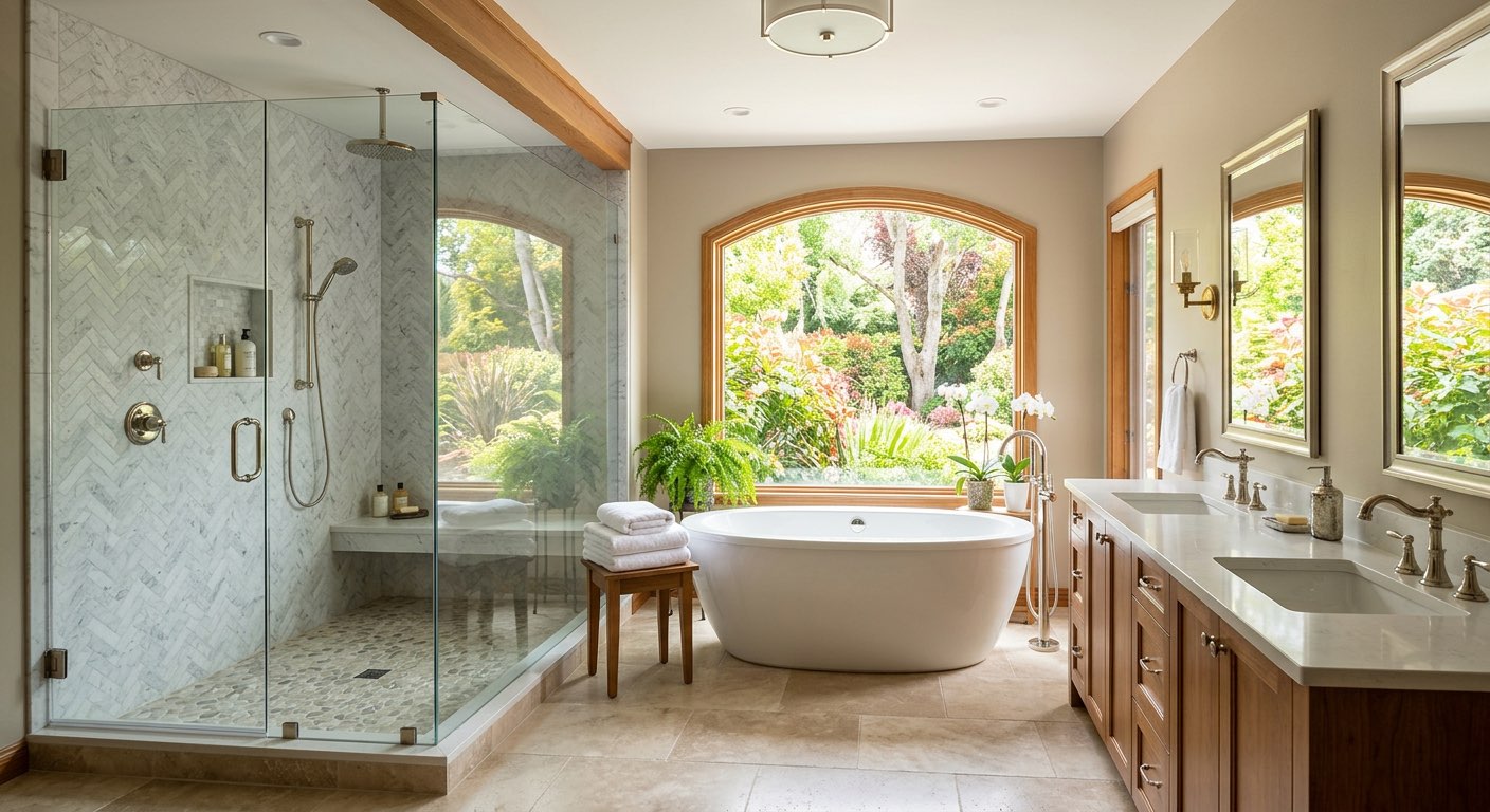 Grand bathroom design idea with chandelier and double vanity