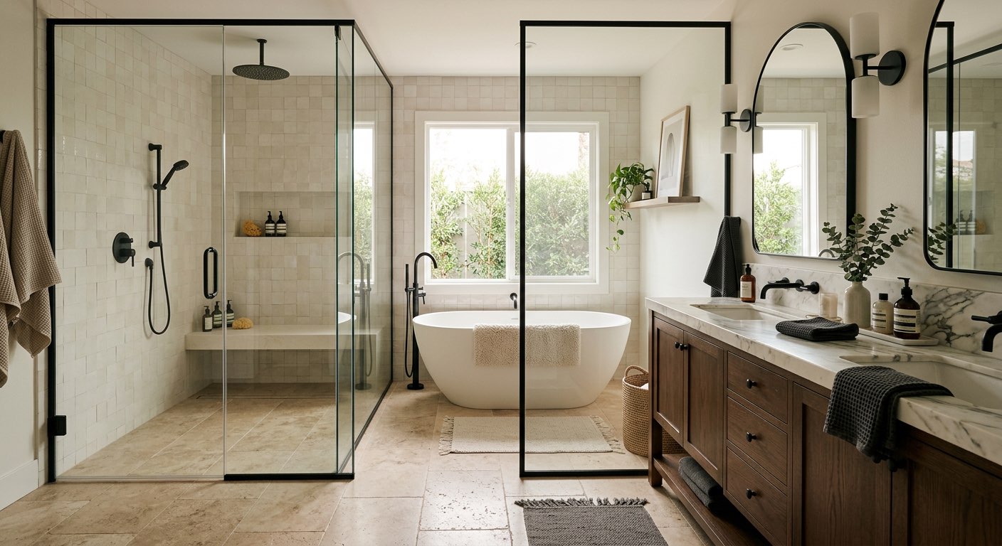 Tropical dream bathroom with open-air shower and teak accents