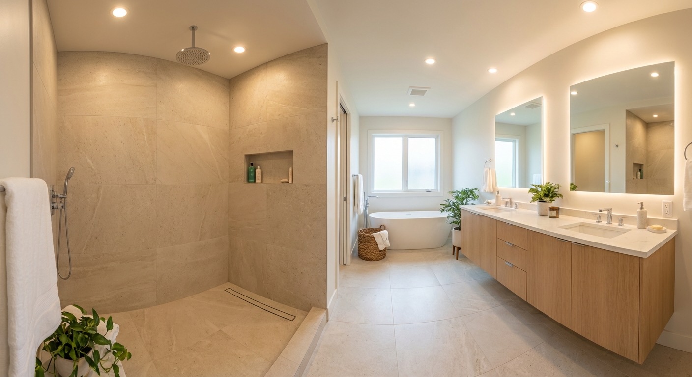 Modern dream bathroom with backlit mirror and integrated storage - AI