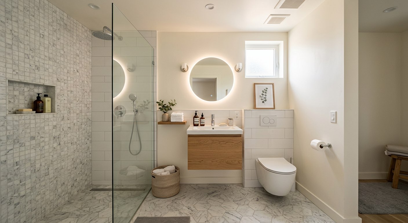 Industrial dream bathroom design with exposed brick and matte black hardware