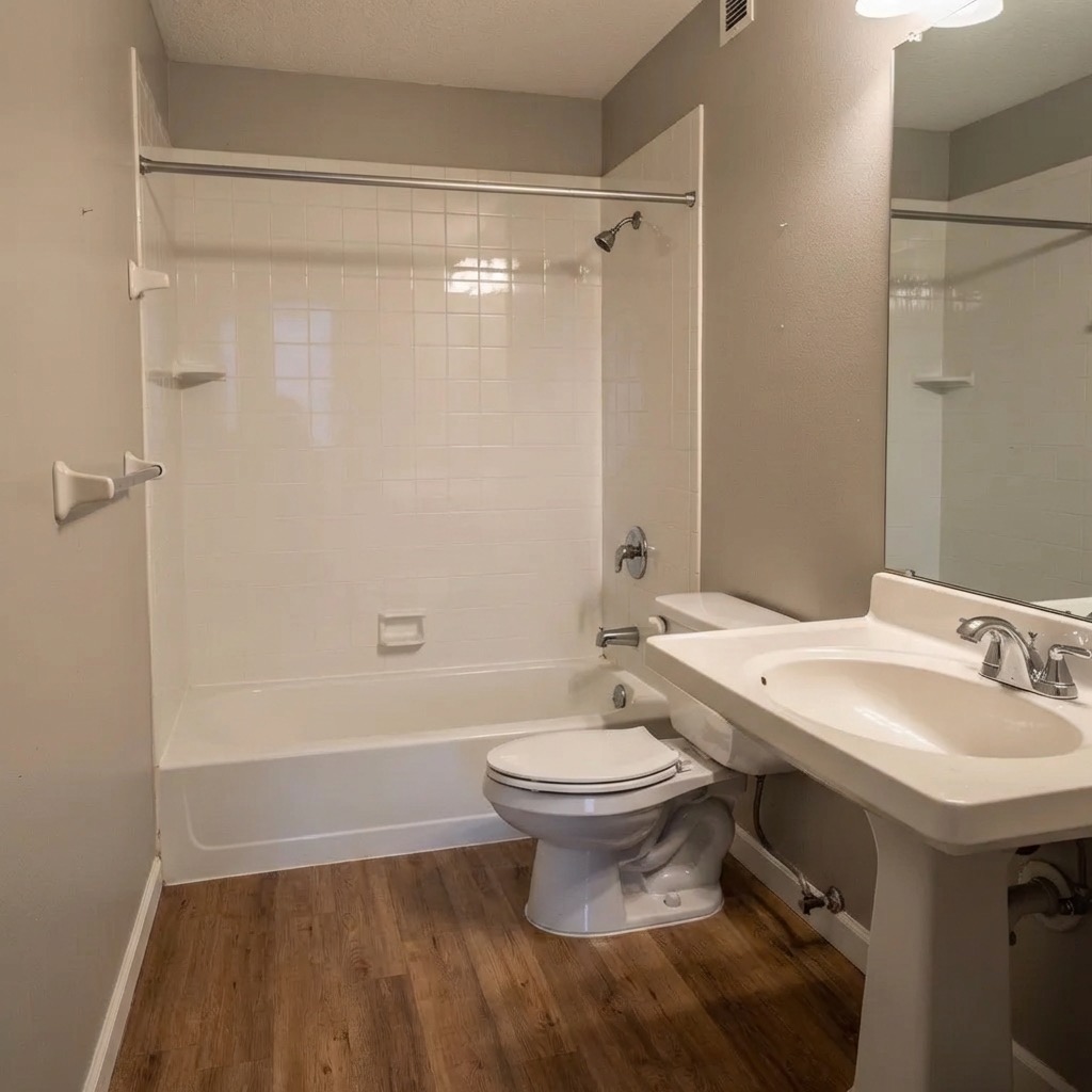 Chevron-pattern bathroom floor upgrade in warm neutral tones - AI tool