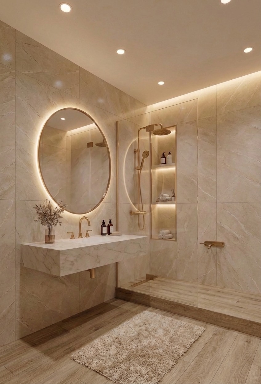 Wood-look plank tile bathroom floor makeover - AI flooring tool