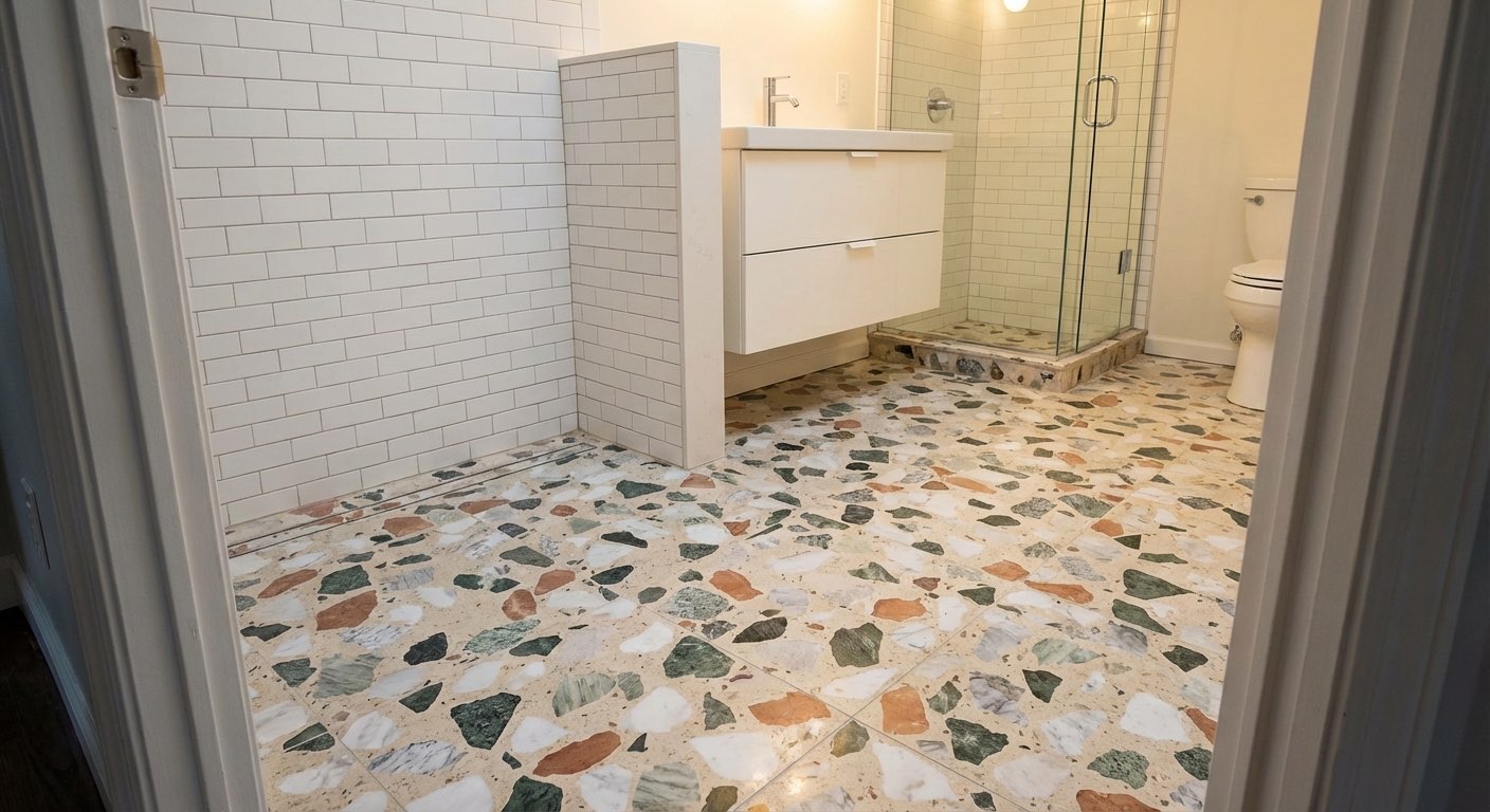 Penny round mosaic bathroom floor replacement with contrasting grout