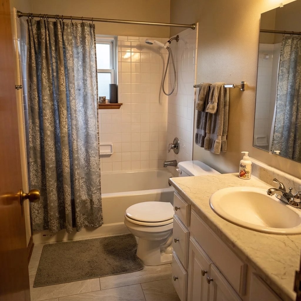 Bathroom floor change from vinyl to ceramic subway tile - AI tool