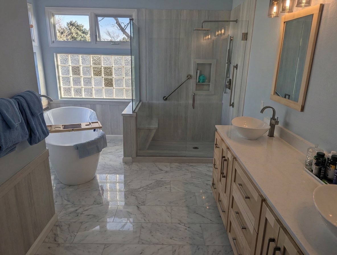 Bathroom floor upgrade with large-format porcelain tiles - AI generated