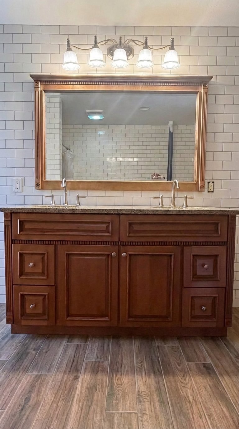 Heated bathroom floor installation with natural stone tile - AI generated