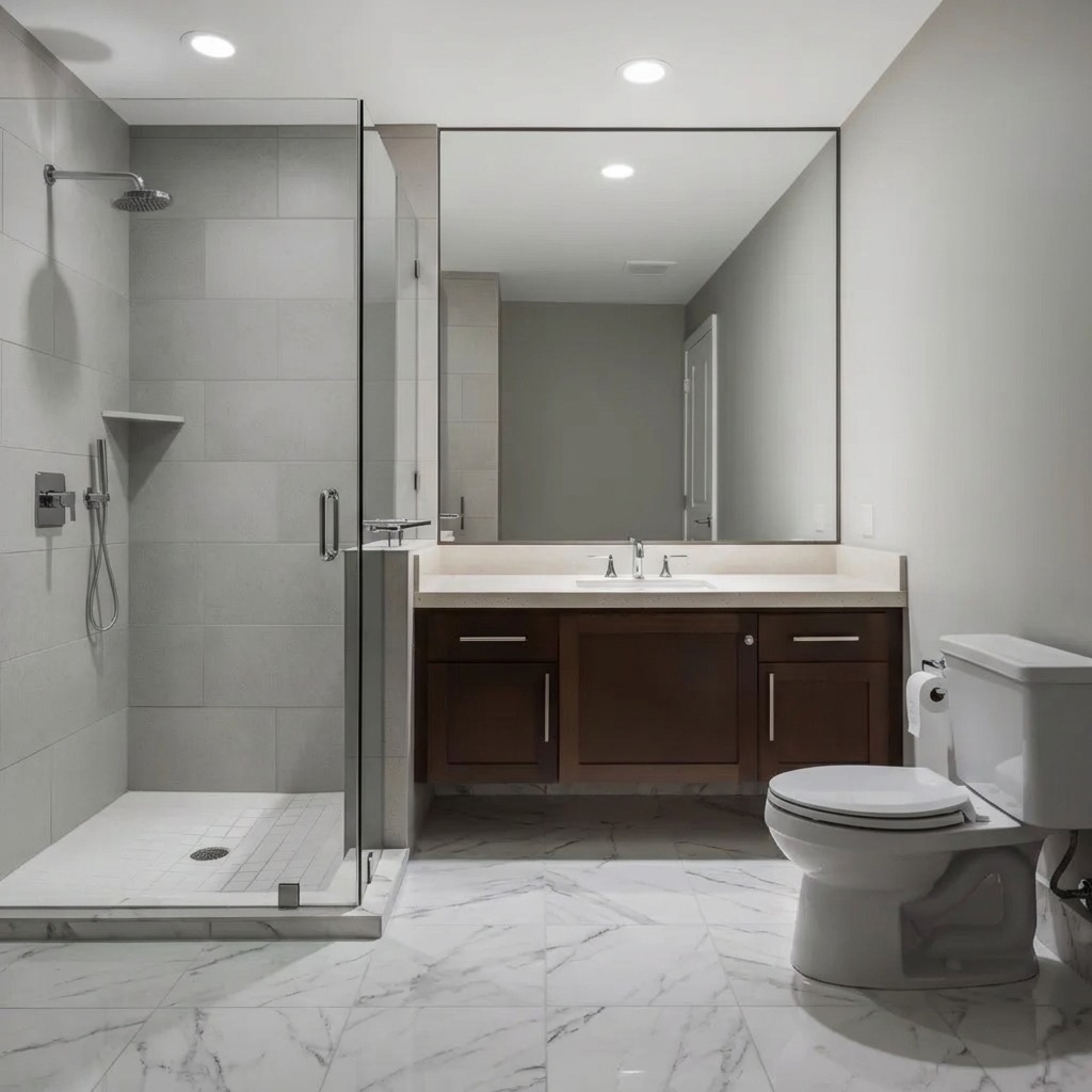 Chevron-pattern bathroom floor upgrade in warm neutral tones - AI tool