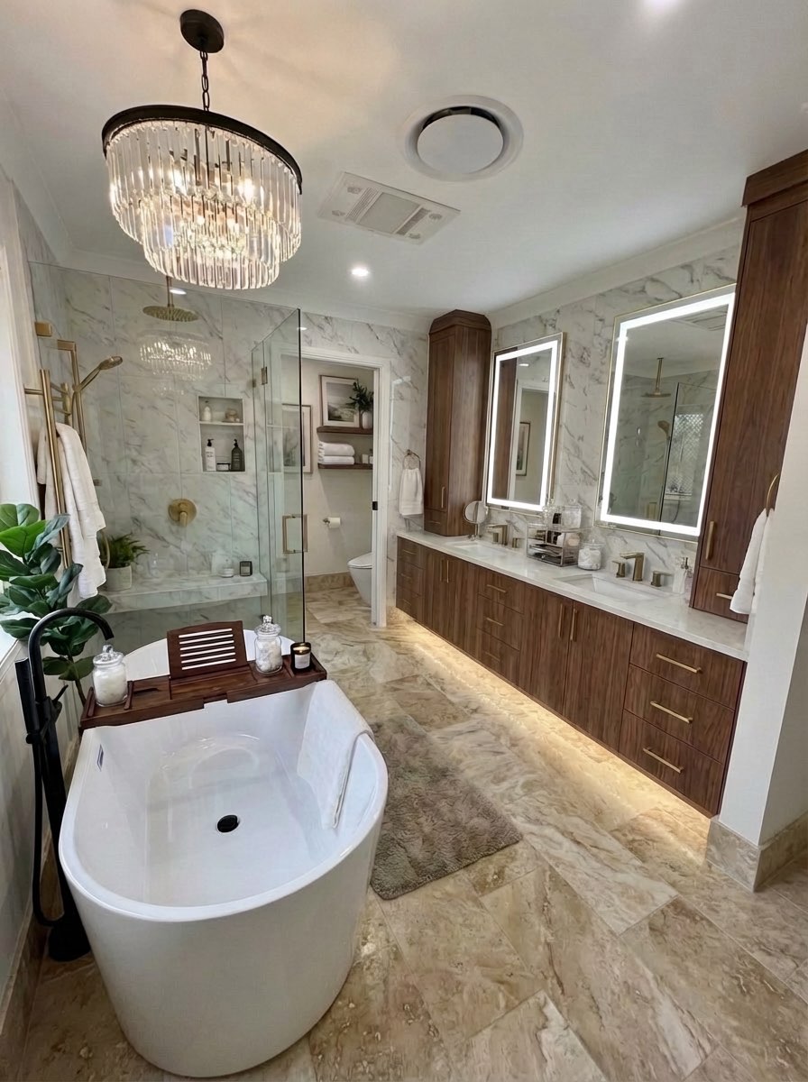 Bathroom wall transformation with large-format marble slab - AI tool