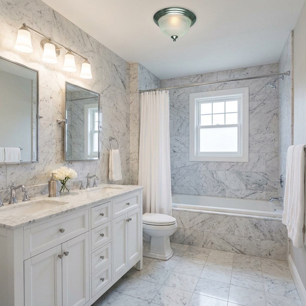 Bold patterned wallpaper bathroom wall redesign - AI design tool