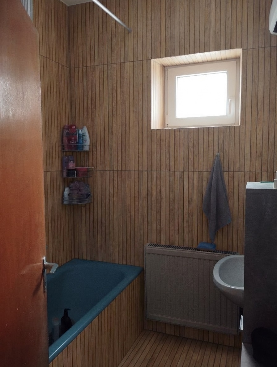 Natural stone feature wall bathroom transformation with LED lighting