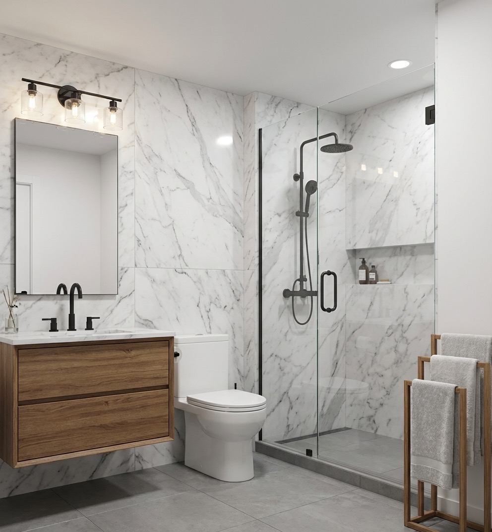 Shiplap accent wall bathroom renovation for a coastal look